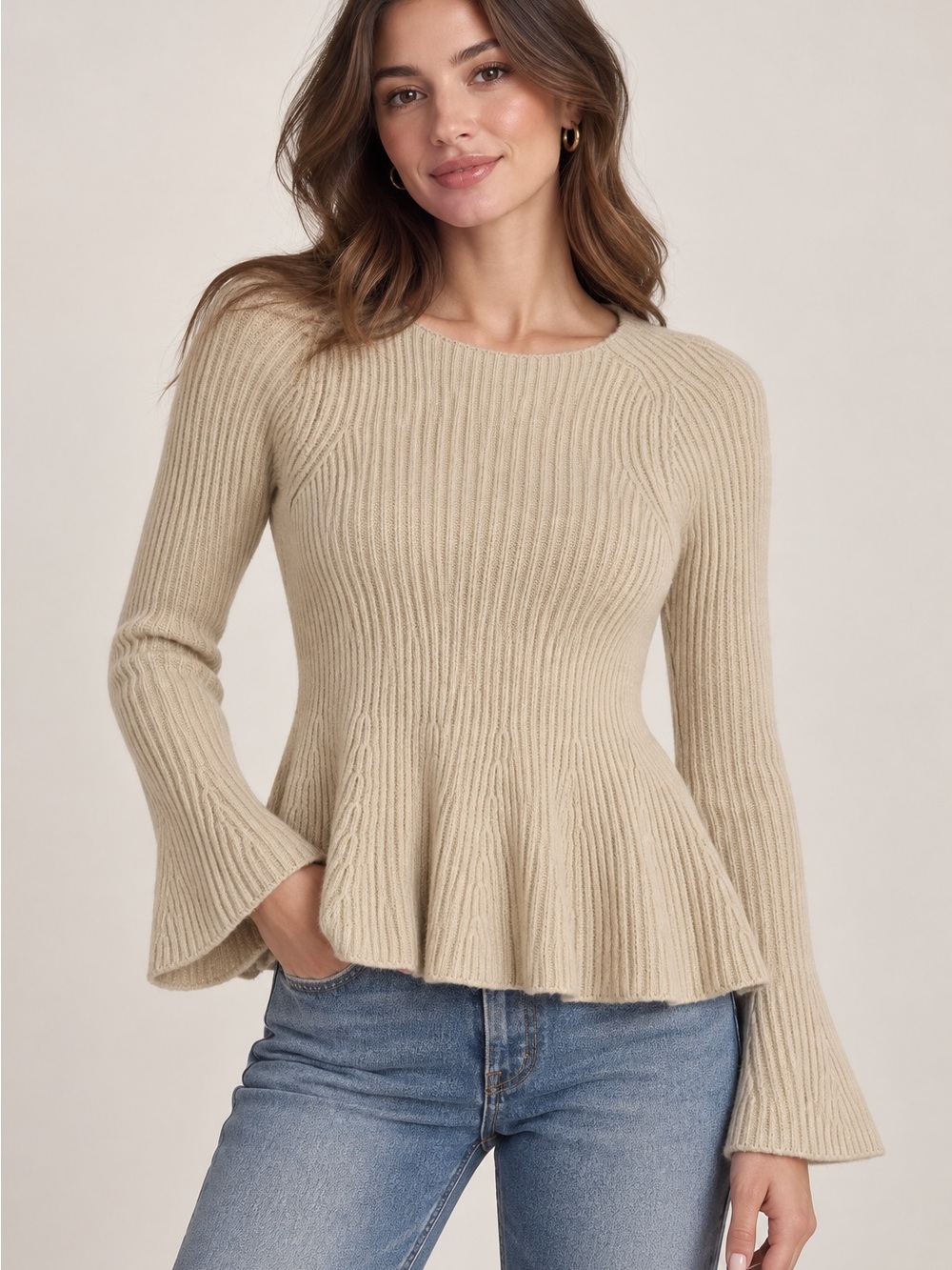 Ann Taylor Petite Ribbed Peplum Sweater MP Beige Merino Wool Blend NWT